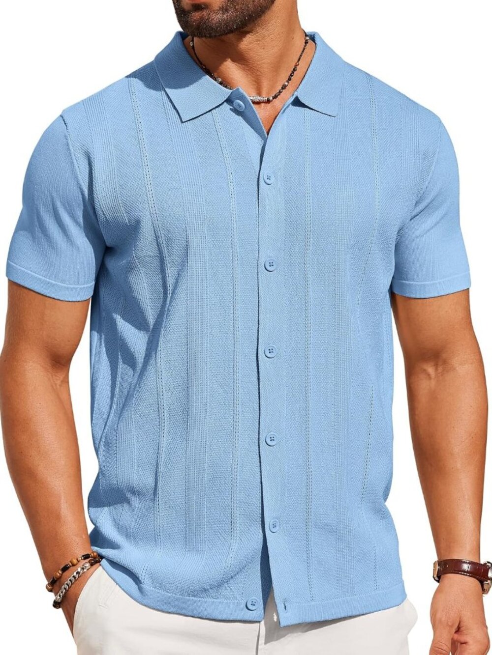 Men's Light Blue Knit Short Sleeve Button Down Polo premium lightweight Shirt